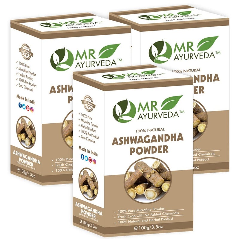 MR Ayurveda مسحوق أشواغاندا العضوي 100% من MR Ayurveda - مسحوق أشواغاندا للشعر - مسحوق أشواغاندا للوجه - مسحوق أشواغاندا للبشرة - بدون مواد كيميائية مضافة - مجموعة من 3 - 300 جرام - Image 1