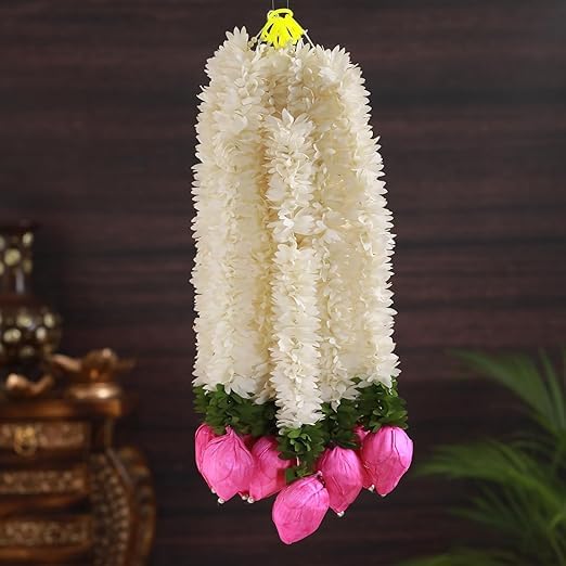 Generic SHRI MATAJI Store Artificial Jasmine Garland with Pink Lotus Buds Flower Hangings for Decorations Festive Decor Pooja Decor Wedding Housewarming 180 Inch Pack of 4  - Image 3
