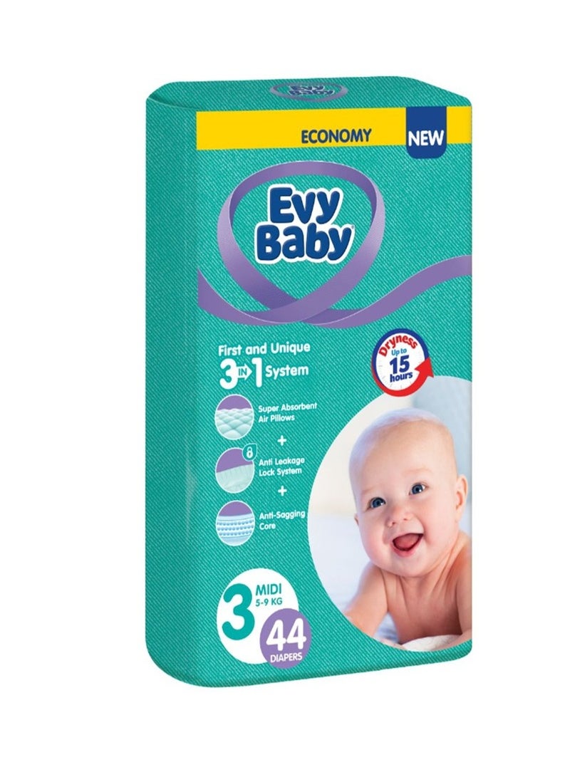 evy baby Evy Baby, Diapers, Number 3, From 5-9 Kg, Economy Pack - 44 Pcs 