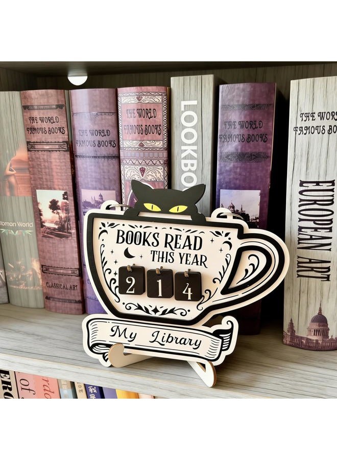 CuddleJunk Books Read This Year Counter, Cute Cat Wooden Book Counter Sign, Reading Tracker Sign for Bookshelf Decor, Gifts for Book Lovers Women Readers, Home Library Essentials - Image 1