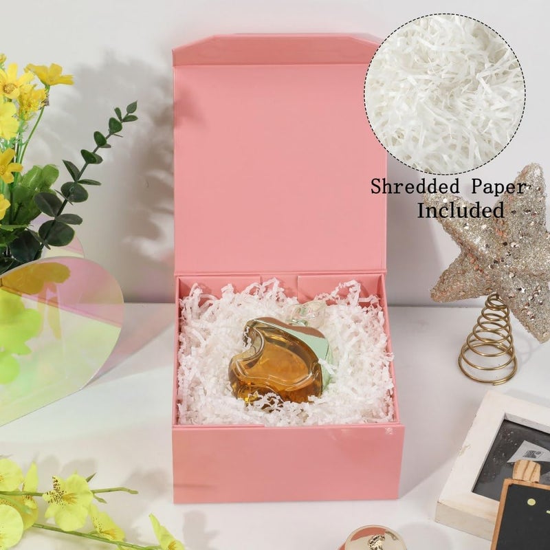 PACKGILO 1 Pcs 6x6x3 Inch Pink Magnetic Gift Box Small Magnetic Box with Crinkle Paper Pink Small Gift Box with Shredded Paper Luxury Gift Boxes with Lids for Presents - Image 2