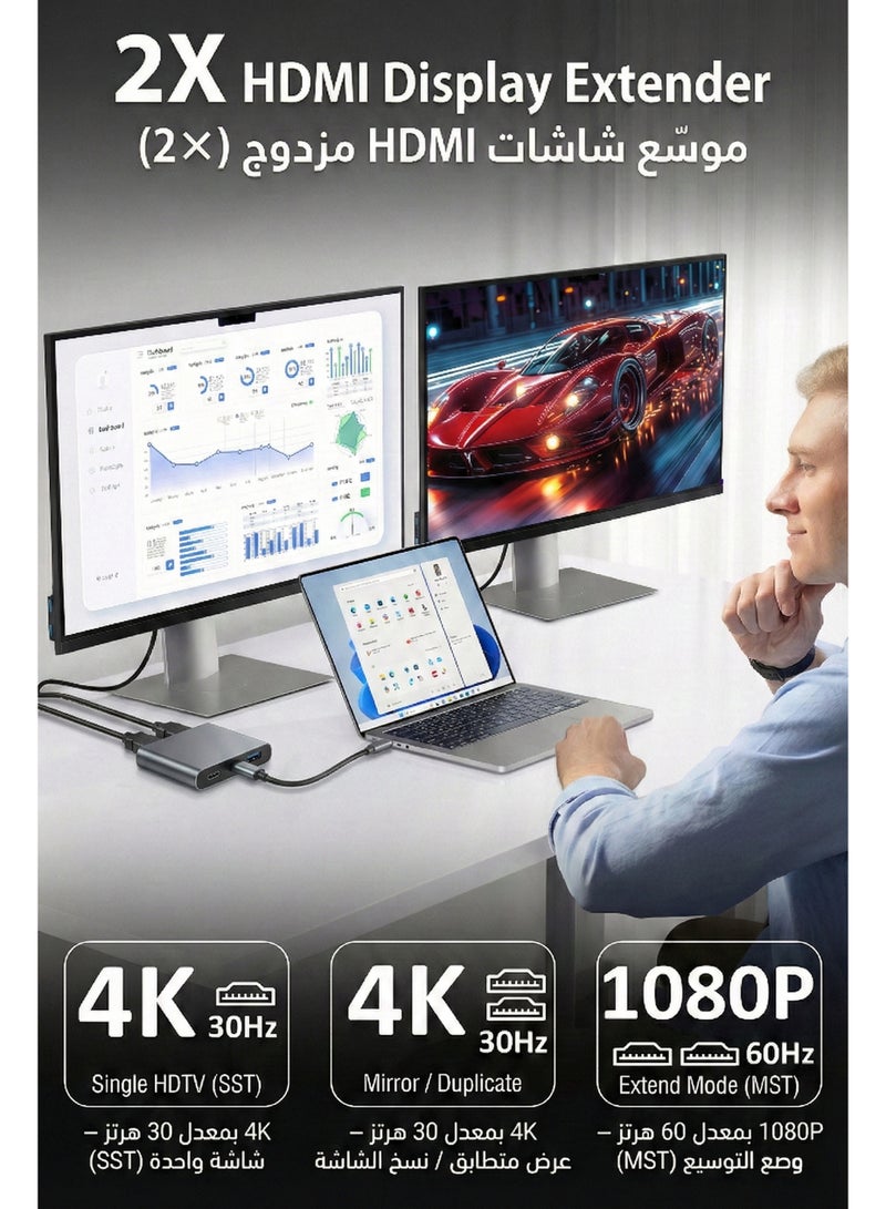 سي جود مقسّم HDTV لشاشتين مع عرض ممتد، ‏1× إدخال إلى ‏2× إخراج، محول USB-C إلى ‏2 HDMI بدقة 4K لأجهزة MacBook واللابتوب — يدعم جميع الأوضاع على Windows ويدعم وضع النسخ (Mirror) على macOS فقط - Image 3