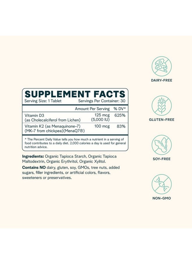 Ora Organic - Vitamin D3 5000Iu + K2 Vegan Vitamin D From Lichen And K2 From Chickpeas For Bone Health Immune Support & Mood; Maximum Absorption 1 Month Supply 30 Chewable Tablets - Image 1