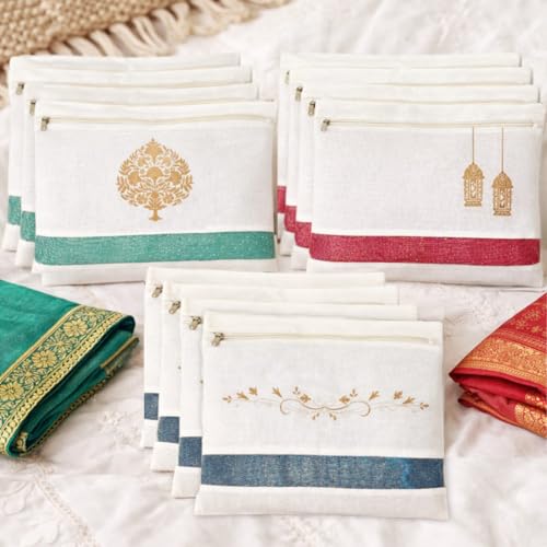 IVillage Reusable Cotton Saree Covers/Bags for Clothes Storage, Travelling, Wardrobe Organizer with Mesh/Window and Zip Closure (16 * 14 inches) - Pack of 12 | White - Image 1
