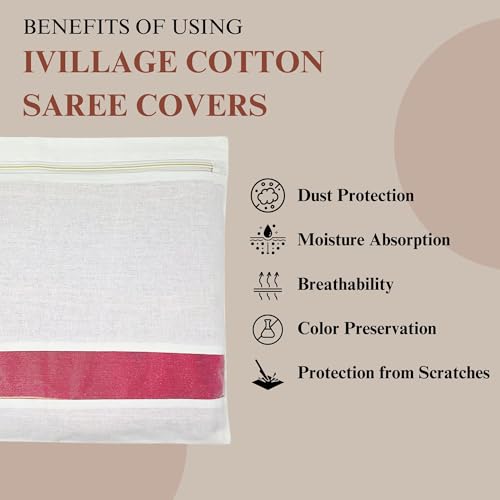 IVillage Reusable Cotton Saree Covers/Bags for Clothes Storage, Travelling, Wardrobe Organizer with Mesh/Window and Zip Closure (16 * 14 inches) - Pack of 12 | White - Image 5