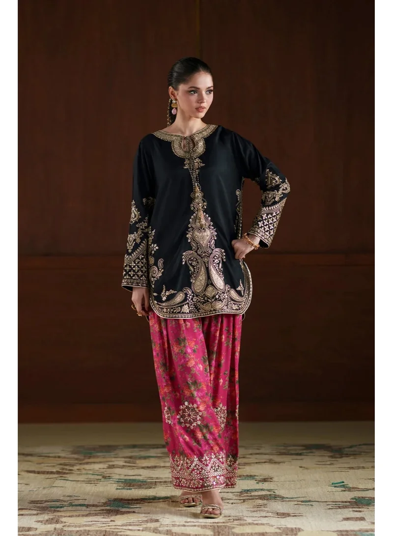 BAZM  Bazm Luxury Couture Embroidered Tunic and Patterned Pants Set for Women | Best Price UAE