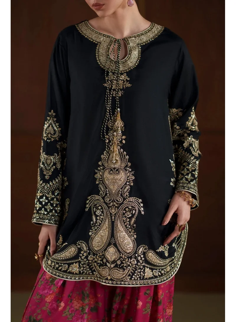 BAZM  Bazm Luxury Couture Embroidered Tunic and Patterned Pants Set for Women | Best Price UAE