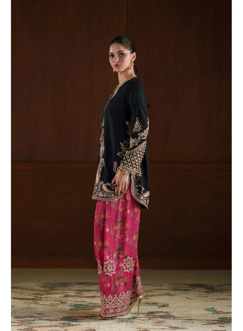 BAZM  Bazm Luxury Couture Embroidered Tunic and Patterned Pants Set for Women | Best Price UAE