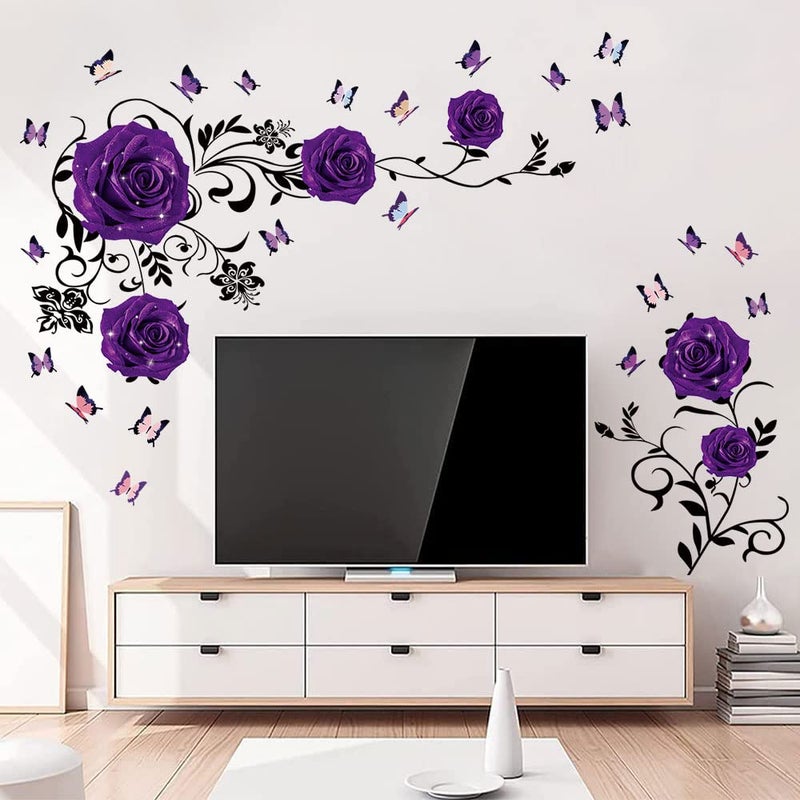 Supzone Purple Rose Wall Stickers Rose Flower Vine Wall Decal Purple Peony Floral Wall Decor DIY Vinyl Mural Art for Bedroom Living Room Sofa Backdrop