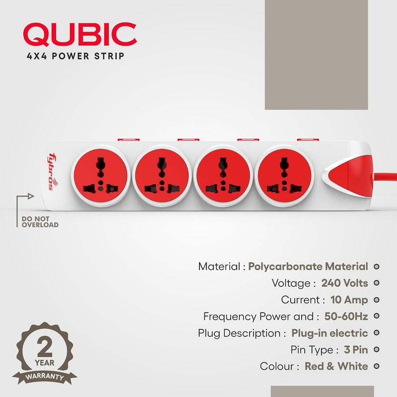 FYBROS كابل تمديد Qubic 4X4، مقبس طاقة مع تمديد مقابس دولية، خرج 10 أمبير، ضمان لمدة عامين، كابل ثقيل بطول 5 متر، حماية من التيار الزائد والارتفاع المفاجئ - صنع في الهند - Image 5
