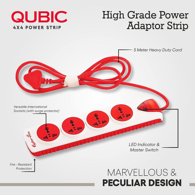 FYBROS كابل تمديد Qubic 4X4، مقبس طاقة مع تمديد مقابس دولية، خرج 10 أمبير، ضمان لمدة عامين، كابل ثقيل بطول 5 متر، حماية من التيار الزائد والارتفاع المفاجئ - صنع في الهند - Image 2