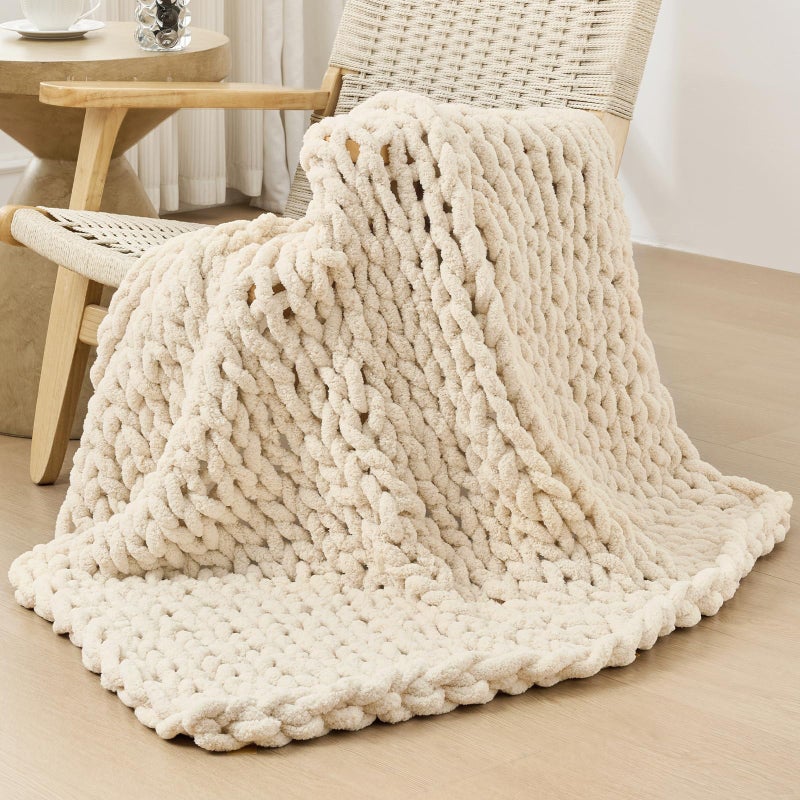 Bigacogo Chunky Knit Throw Blanket for Couch 40x40 inches 100 Hand Knitted with Thick Jumbo Chenille Yarn Cozy Soft Large Rope Knot Cable Crochet Blankets for Sofa Bed Living Room Beige