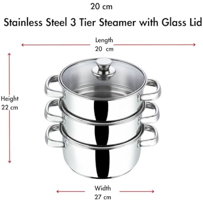قدر بخاري من الفولاذ المقاوم للصدأ بثلاث طبقات مع غطاء زجاجي مقاس 20 سم، مناسب للحث الحراري - Image 3