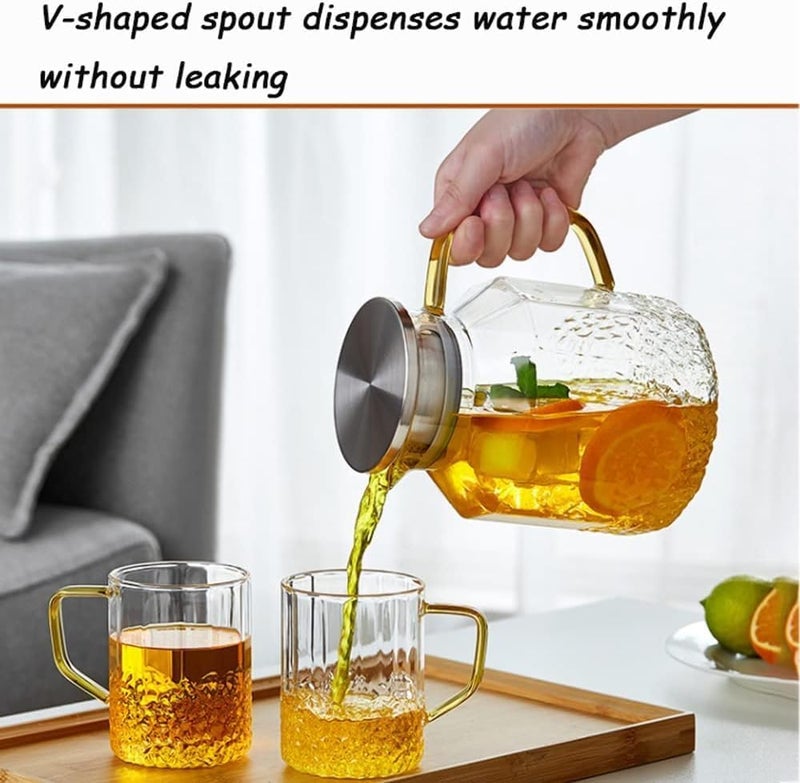 ConvertKitchen Glass Pitcher with Lid and Golden Handle- 1.8 Litre - Borosilicate Glass Water Sun Tea Jar for - Iced Tea, Juice, Milk, Coffee, Fruit Hot & Cold Beverages Carafe - Image 2