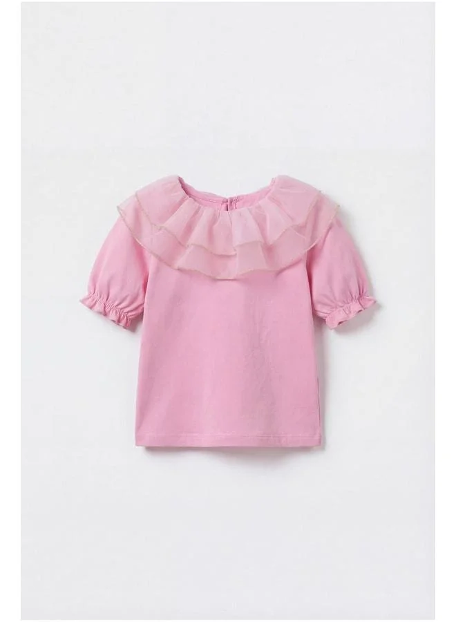 Magu Girls' Cotton Pink Ruffle Collar Blouse - Gold Stripe Detail