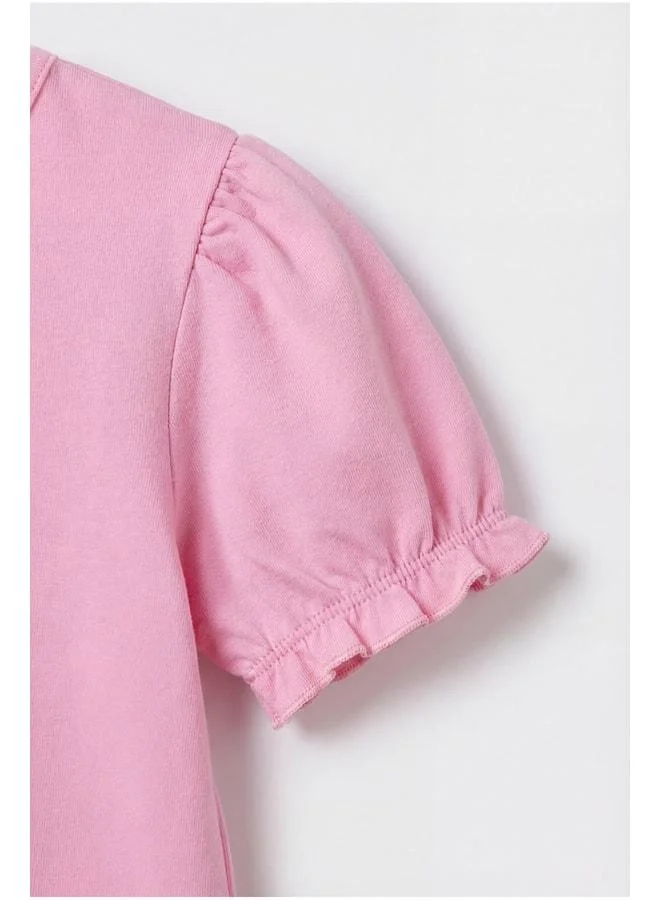 Magu Girls' Cotton Pink Ruffle Collar Blouse - Gold Stripe Detail