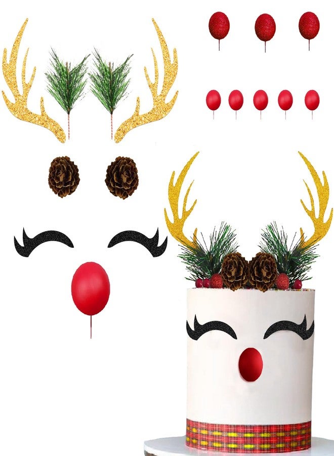 ChoJoy 15PCS Christmas Cake Topper Reindeer Ears Eyelashes Antler Cake Decorations Set for Christmas Reindeer Themed Party - Image 1