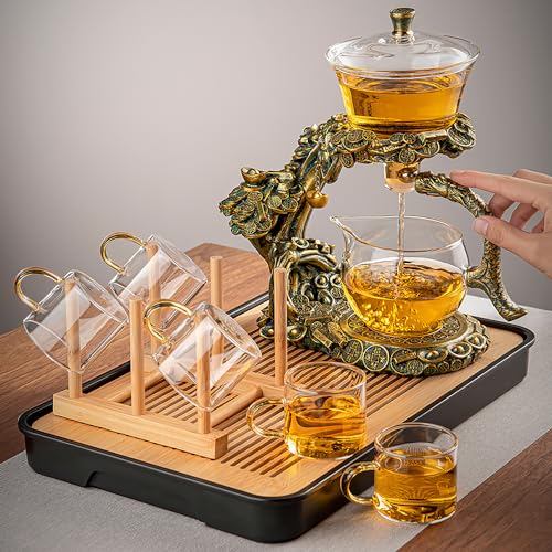 CUNHUY Lazy Kungfu Drip TeaPot, Heat Resistant Tea Set, Semi-Automatic Glass Teapot Suit for Magnetic Water Flow Wooden Glass Teapot Set - Image 2