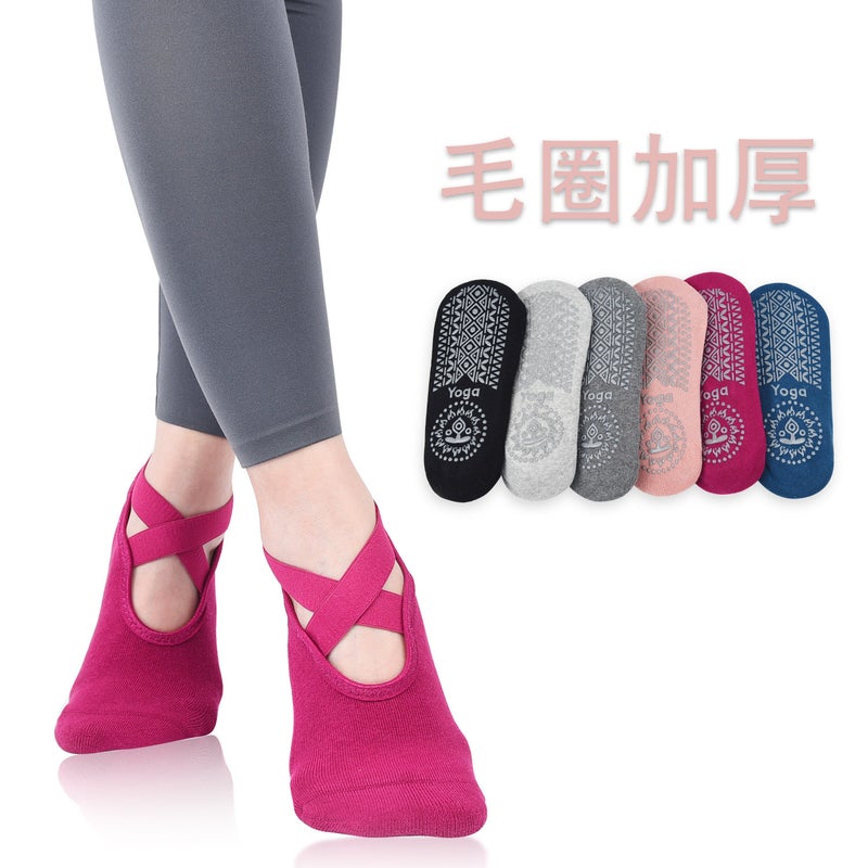 Women's Cross Strap Yoga Socks with Thick Terry and Non-Slip Grip Dots for Pilates, Cotton Athletic Socks - Image 4