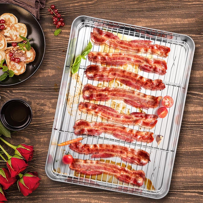 E-far Baking Sheet with Rack Set, 16”x12” Stainless Steel Cookie Sheet Pan for Oven, Rimmed Metal Tray with Wire Cooling Rack for Cooking Roasting Resting Bacon Meat Steak - Dishwasher Safe - Image 4