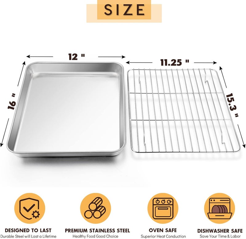 E-far Baking Sheet with Rack Set, 16”x12” Stainless Steel Cookie Sheet Pan for Oven, Rimmed Metal Tray with Wire Cooling Rack for Cooking Roasting Resting Bacon Meat Steak - Dishwasher Safe - Image 2
