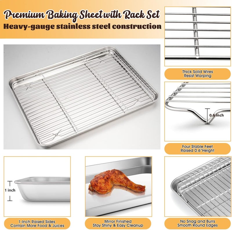 E-far Baking Sheet with Rack Set, 16”x12” Stainless Steel Cookie Sheet Pan for Oven, Rimmed Metal Tray with Wire Cooling Rack for Cooking Roasting Resting Bacon Meat Steak - Dishwasher Safe - Image 3