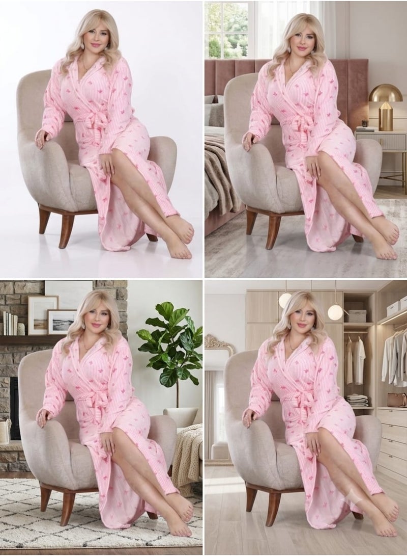 Womens Winter Polar Fleece Long Bathrobe With Belt And Pockets Pink - Image 3