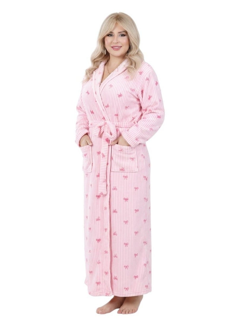 Womens Winter Polar Fleece Long Bathrobe With Belt And Pockets Pink - Image 1
