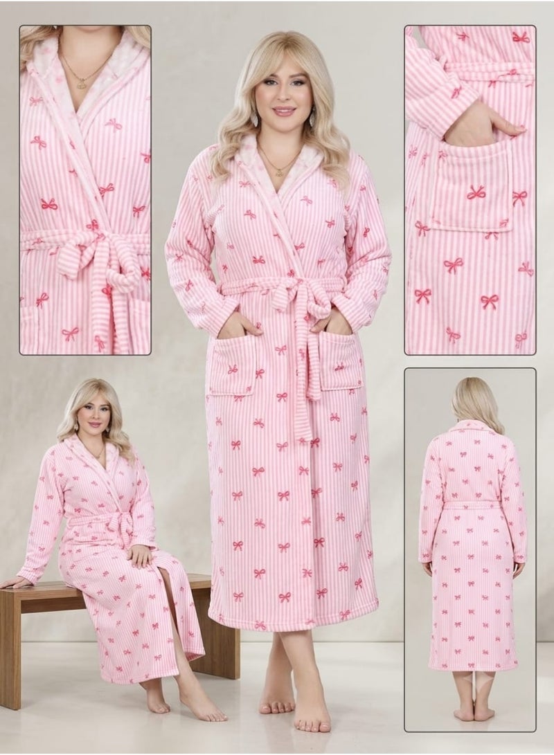 Womens Winter Polar Fleece Long Bathrobe With Belt And Pockets Pink - Image 2