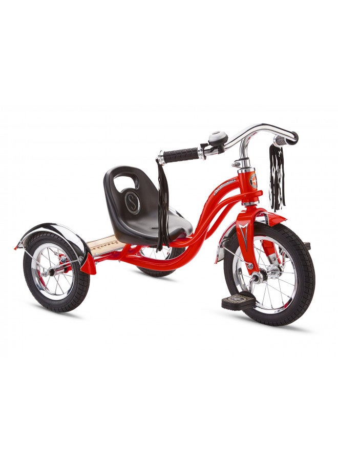 Schwinn Roadster Bike for Toddler, Kids Classic Tricycle, Low Positioned Steel Trike Frame with Bell and Handlebar Tassels, Rear Deck Made of Genuine Wood, for Boys and Girls Ages 2-4 Year Old, Red - Image 1