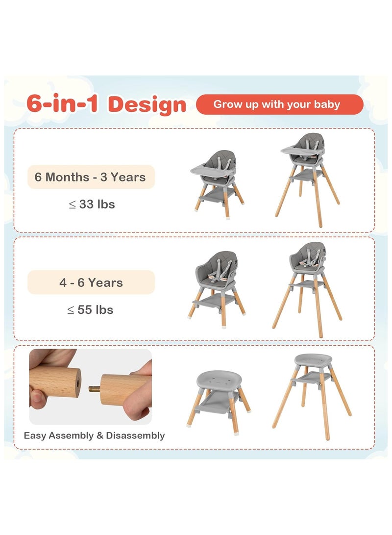 NANAO Baby High Chair, 6 In 1 Convertible Wooden Highchair for Babies and Toddlers/Toddler Chair/Bar Stool, Removable Double Tray & Reversible Footrest, Safety Harness for Infant Boys Girls(Dark Gray) - Image 3