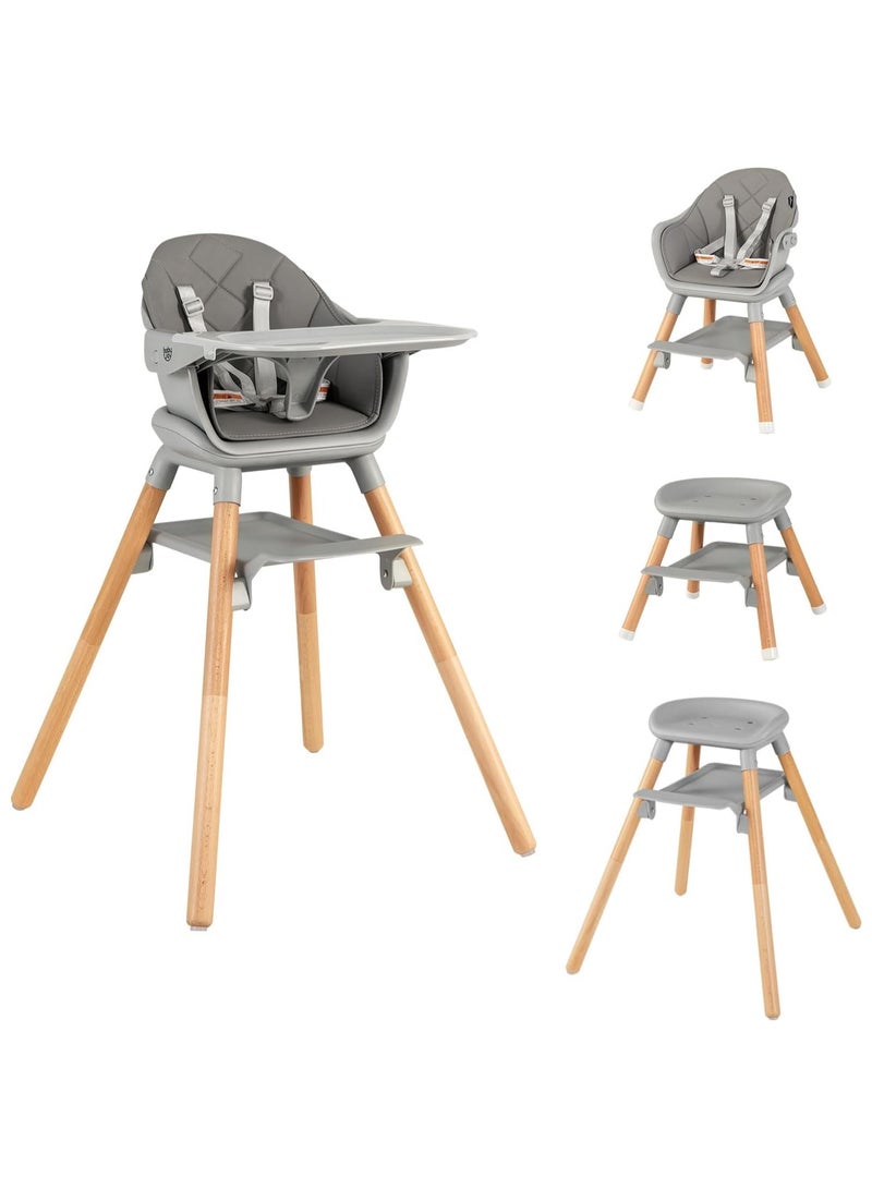 NANAO Baby High Chair, 6 In 1 Convertible Wooden Highchair for Babies and Toddlers/Toddler Chair/Bar Stool, Removable Double Tray & Reversible Footrest, Safety Harness for Infant Boys Girls(Dark Gray) - Image 1