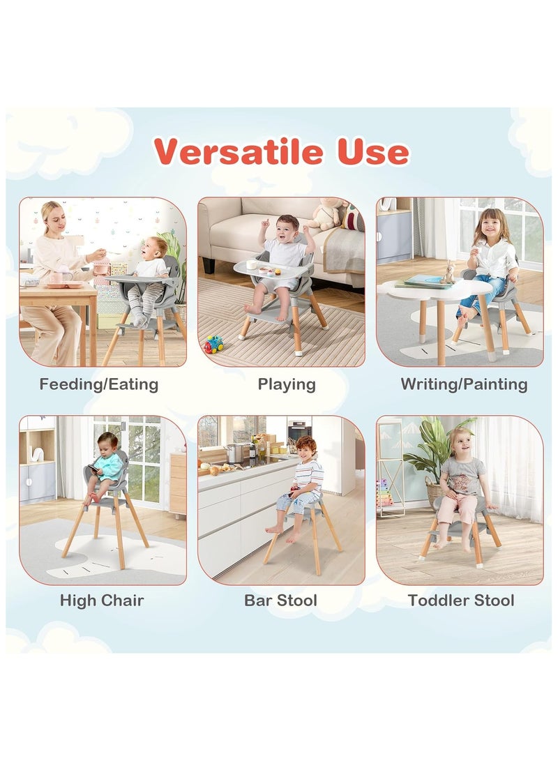 NANAO Baby High Chair, 6 In 1 Convertible Wooden Highchair for Babies and Toddlers/Toddler Chair/Bar Stool, Removable Double Tray & Reversible Footrest, Safety Harness for Infant Boys Girls(Dark Gray) - Image 2
