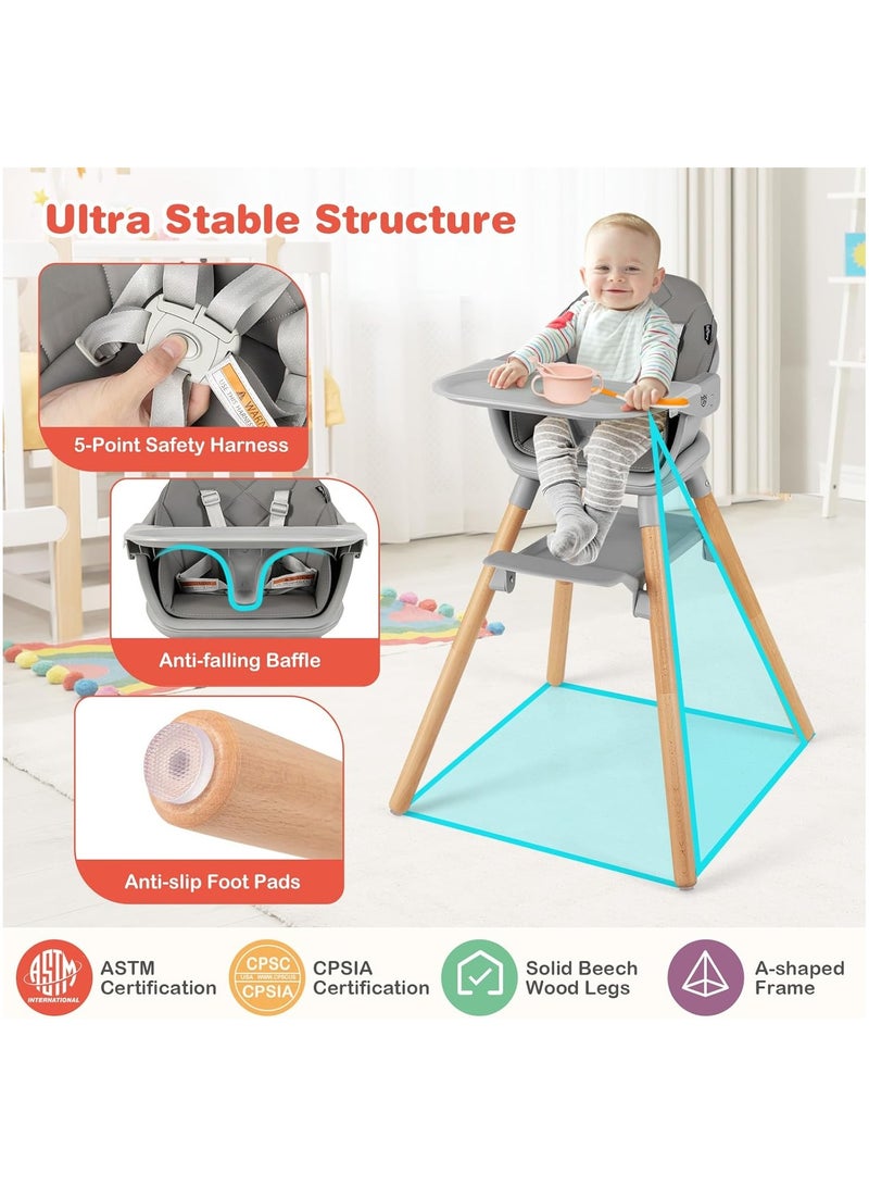 NANAO Baby High Chair, 6 In 1 Convertible Wooden Highchair for Babies and Toddlers/Toddler Chair/Bar Stool, Removable Double Tray & Reversible Footrest, Safety Harness for Infant Boys Girls(Dark Gray) - Image 5