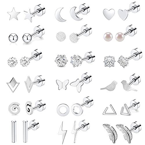 MJust 18 Pairs Stainless Steel Earrings Set for Women & Men– Star, Moon, Heart & Geometric Designs, 20G Flatback & Barbell for Cartilage (Silvery) - Image 1