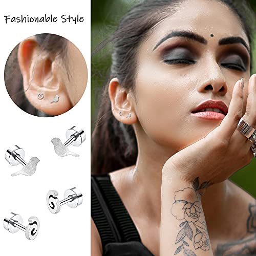 MJust 18 Pairs Stainless Steel Earrings Set for Women & Men– Star, Moon, Heart & Geometric Designs, 20G Flatback & Barbell for Cartilage (Silvery) - Image 4