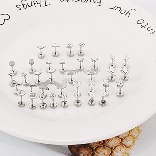 MJust 18 Pairs Stainless Steel Earrings Set for Women & Men– Star, Moon, Heart & Geometric Designs, 20G Flatback & Barbell for Cartilage (Silvery) - Image 5