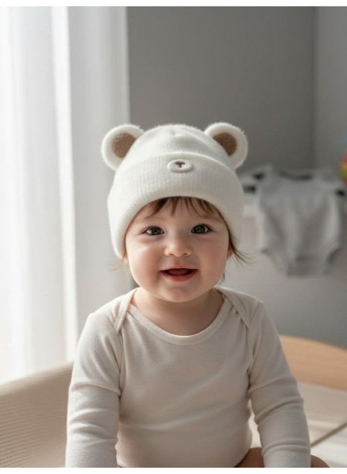 zoba Cute Bear Winter Ice Cap for Kids – Soft Mohair Hat with Fluttering Ears – Warm and Lightweight – Suitable for Girls and Boys – Stylish White Color – Perfect for Cold Weather - Image 1