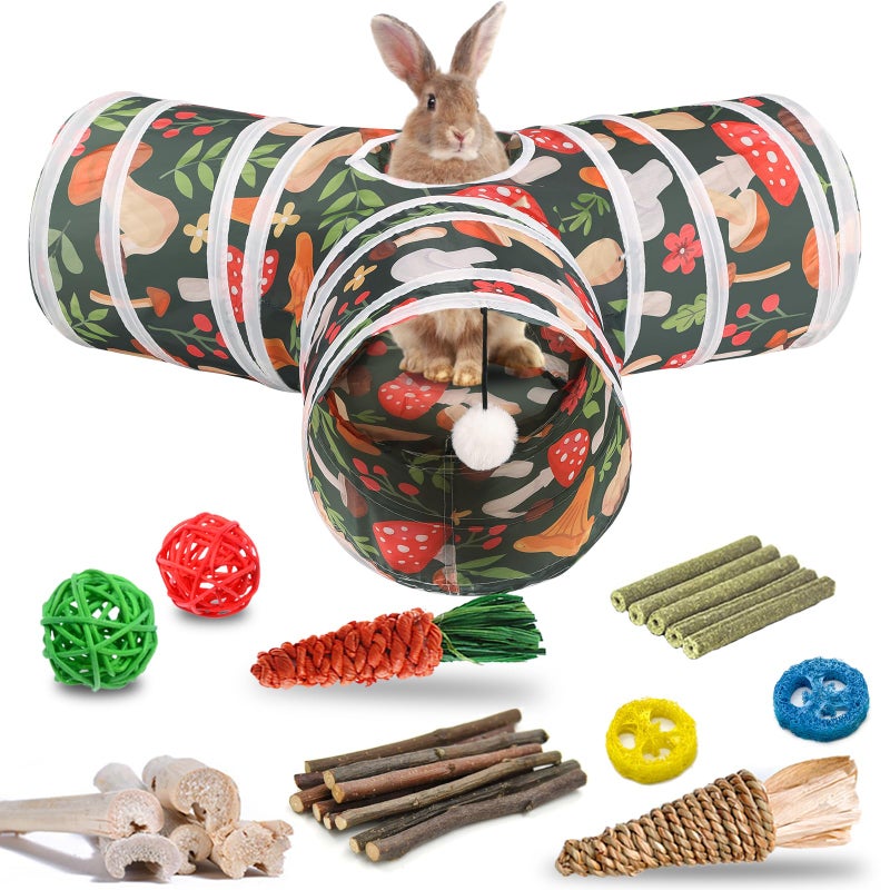 HERCOCCI Rabbit Toys, Bunny Tunnel & Tube, Collapsible 3 Way Rabbit Hideout Tunnel with Chew Toy for Bunny Guinea Pig Ferret Kitten - Image 1