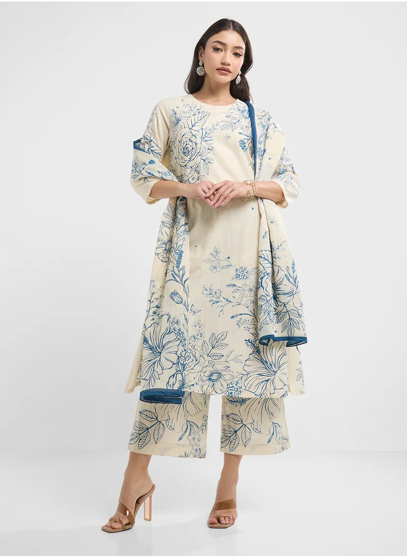Biba Printed Kurta, Palazo & Dupatta Set