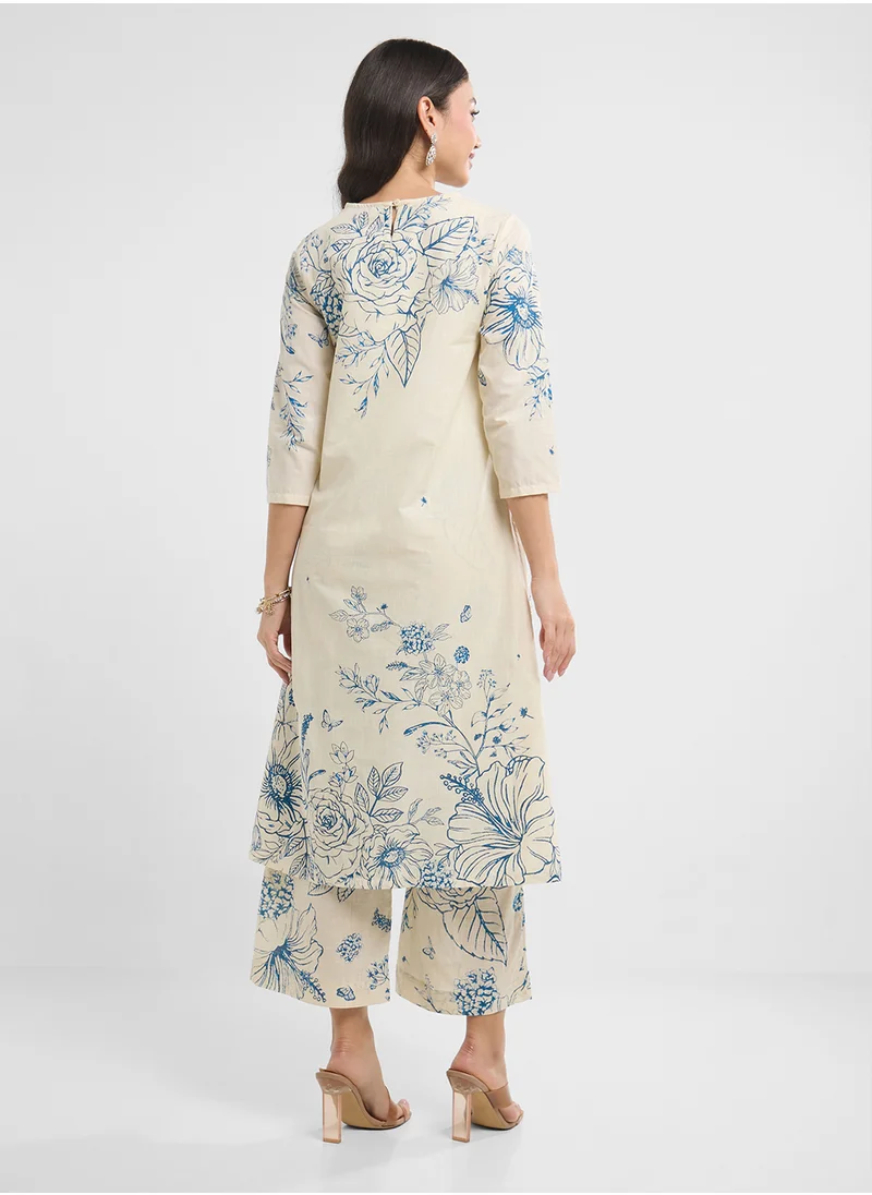 Biba Printed Kurta, Palazo & Dupatta Set
