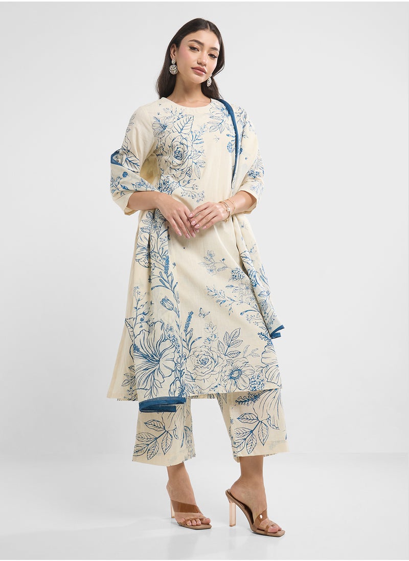 Biba - Printed Kurta, Palazo & Dupatta Set - Image 1