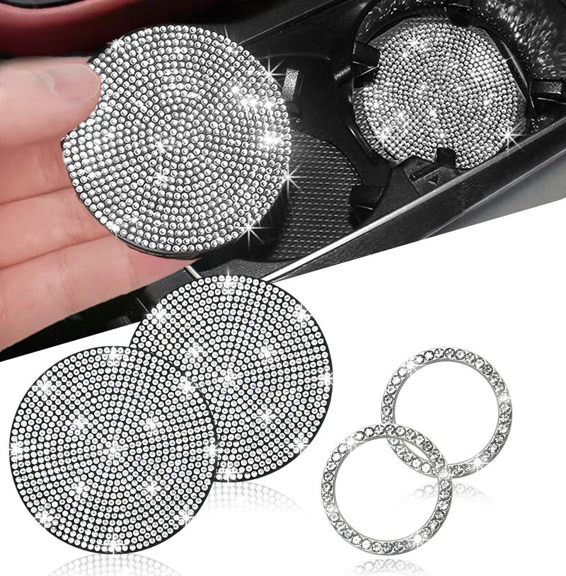 NBTEPEM 2pcs Bling Car Cup Holder Coasters & 2pcs Push Start Button, 2.75 inch Anti-Slip Shockproof Universal Vehicle Coasters Insert, Bling Car Interior Accessories for Women Suits for Most Cars (White) - Image 1