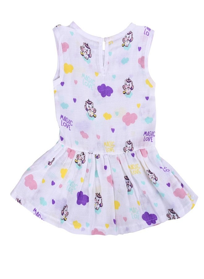 MumsLap Baby Girls Unicorn Muslin Frock | Soft Breathable Cotton - Newborn Clothing for 3-6 Months - Lightweight Summer Wear for Infants - Ideal for Sensitive Skin-White - Image 2