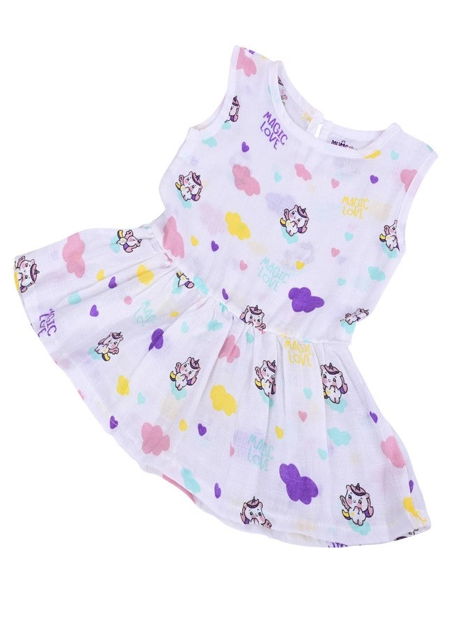 MumsLap Baby Girls Unicorn Muslin Frock | Soft Breathable Cotton - Newborn Clothing for 3-6 Months - Lightweight Summer Wear for Infants - Ideal for Sensitive Skin-White - Image 1