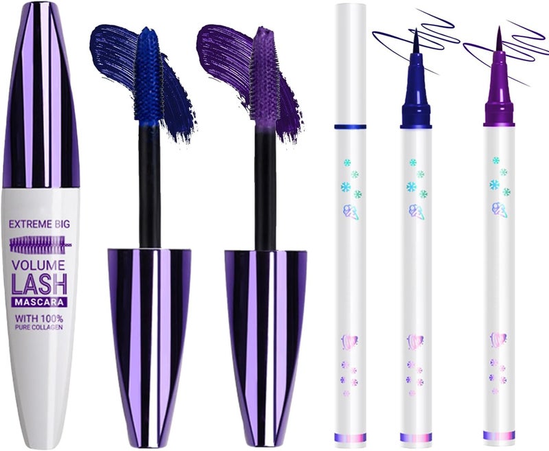 Generic 4PCS Colored Mascara Liquid Eyeliner Set 5D Waterproof Volume Length SmudgeProof Long Lasting Lengthening Mascara for Older Women Eyelashes Curl BluePurple