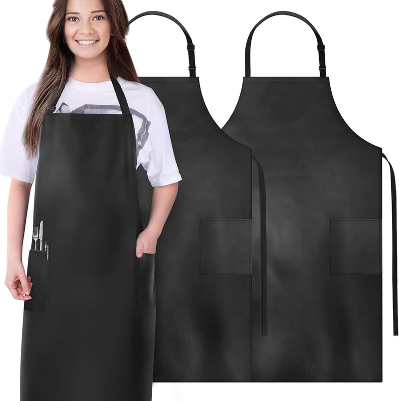 DEBIK® | 2 Pack Aprons for Men Women with Large Pockets, Waterproof Rubber Vinyl Apron 40" Heavy Duty Chef Apron Black Adjustable Work Apron for Dishwashing Kitchen Cooking Drawing - Image 1