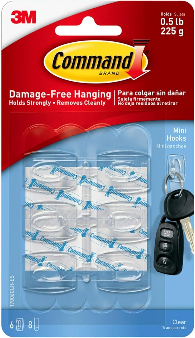 Command Mini Hooks | Holds 180 gr. each hook| Clear color | Organize | Decoration | No Tools | Holds Strongly | Damage-Free Hanging | 6 hooks + 8 strips/pack - Image 1