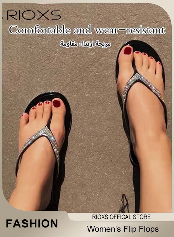 RIOXS Women's Rhinestone Flip Flops, Lightweight Anti-slip Open Toe Flat Sandals, Soft Comfort Summer Beach Sandals for Ladies, Sparkly Slip On Dress Flip Flop Sandals Shower Slippers for Beach, Bathroom, Indoor or Outdoor Use - Image 2