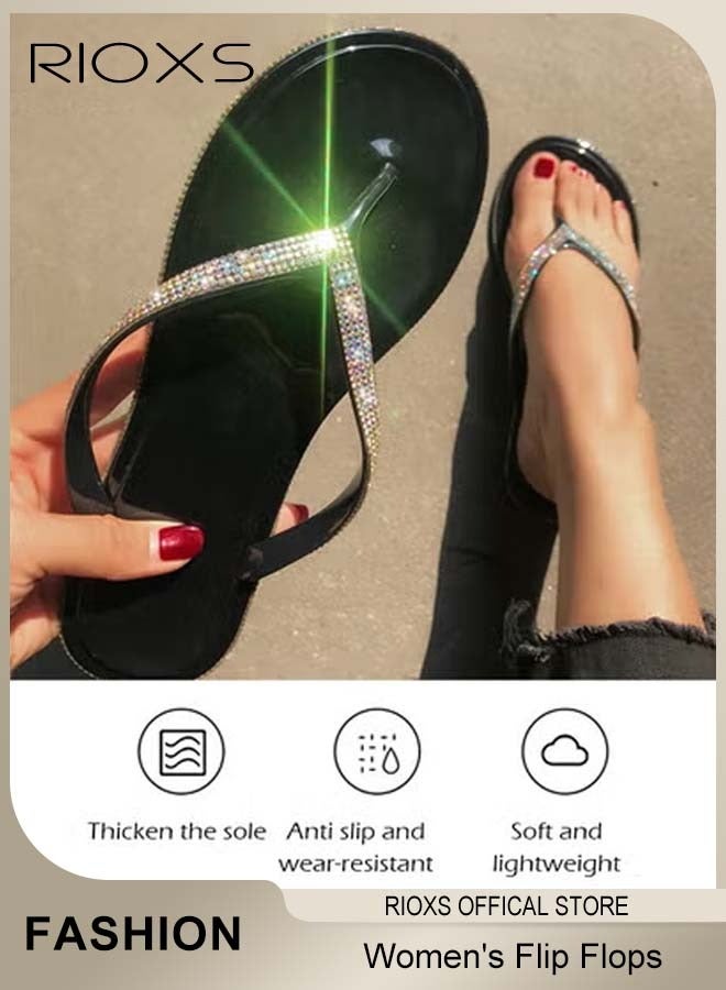 RIOXS Women's Rhinestone Flip Flops, Lightweight Anti-slip Open Toe Flat Sandals, Soft Comfort Summer Beach Sandals for Ladies, Sparkly Slip On Dress Flip Flop Sandals Shower Slippers for Beach, Bathroom, Indoor or Outdoor Use - Image 3